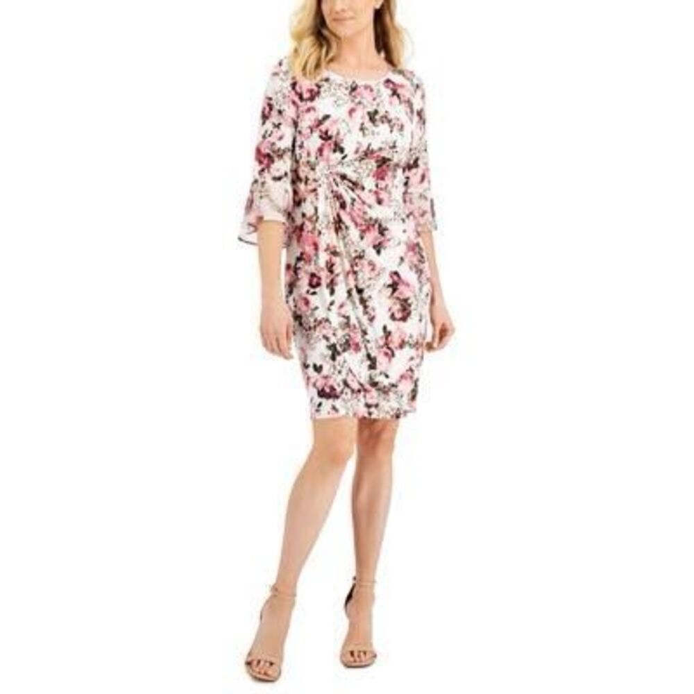 CONNECTED APPAREL Womens White Pleated Sheer Partially‎ Line Pullover Floral 3/4